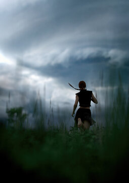 Woman with ponytail in black skirt and shirt runs barefeet through a field with tall grass under a dark cloudy sky. 3D render.