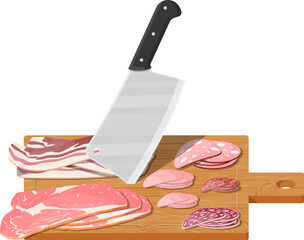 Cutting board, butcher cleaver and piace of meat.