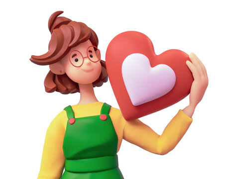 Portrait of casual funny smiling brunette girl in glasses wears green overalls, yellow t-shirt holding red heart shape with her hand. I Love You. Self acceptance. 3d render isolated on white backdrop.