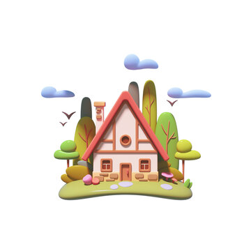Floating island in air, blue clouds, autumn days. Cute kawaii vintage little yellow country house, red roof, brown windows, brick chimney stands on a green lawn. 3d render isolated on white backdrop.