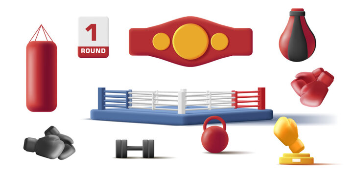 boxing attributes 3d icons of winner belt, ring and punching bags, isolated. Vector illustration