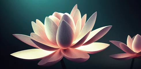 Lotusweißes Licht auf dunklem Hintergrund. Nahaufnahme einer Seerosenblume mit Knospen. Bild für Hochzeitseinladungen, Pakete und Karten. 3D-Rendering. © Viks_jin