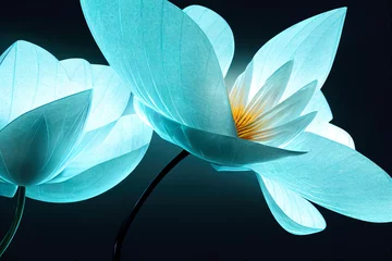 Blühende exotische Blume aus Eis, Makrofoto. Blumenhintergrund mit weichem selektivem Fokus. Bild für Karten, Einladungen, Banner. 3D-Rendering © Viks_jin