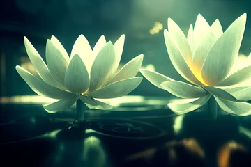Lotus, der auf einem funkelnden Hintergrund schwimmt. Nahaufnahme einer Lotusblume mit Reflexion im Wasser, weiße Lilie im Mondlicht. Bild für Hochzeitseinladungen. 3D-Rendering © Viks_jin