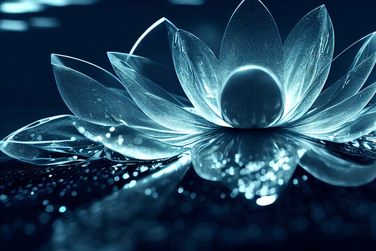Beautiful lotus made of ice on a glowing dark blue background. Luxury background. Close-up of an icy water lily flower. Image for wedding invitations, packages, and Christmas cards. 3d illustration