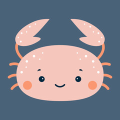 Cute crab. Funny sea ocean animal isolated on blue background. Flat icon cartoon vector illustration