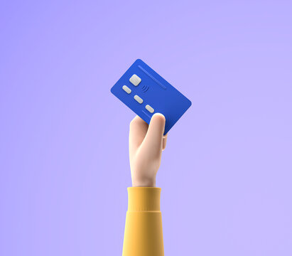 3d cartoon hand holding bank credit card isolated over blue background, online payments and payment concept. 3d rendering illustration