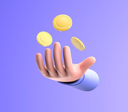 3D Hand with falling coins, money-saving, online payment, and payment concept. 3d render illustration