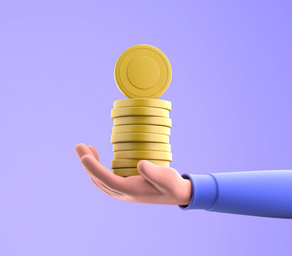 3D hand with a stack of coins, saving money, online payments and payment concept. 3d render illustration