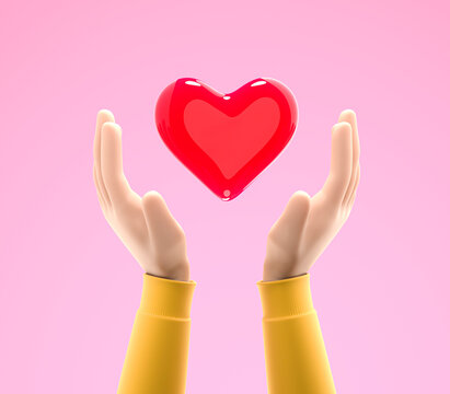 3D hands holding red glossy heart to supporting and giving help. Healthcare concept. 3d render illustration