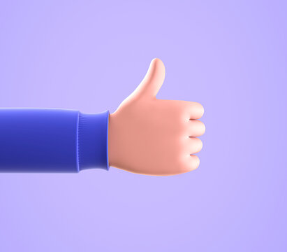 3d render, cartoon character customer hand thumb up, like gesture isolated on blue background. Positive feedback