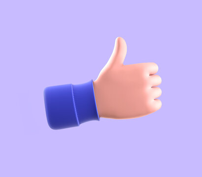 3d render, cartoon character customer hand thumb up, like gesture isolated on blue background. Positive feedback