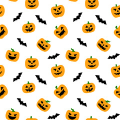 Seamless vector pattern with Halloween pumpkins, bat, ghost. For fabric, paper, wrap, textile, poster, scrapbooking, wallpaper or background, for web site or mobile app