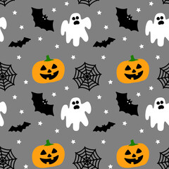 Seamless vector pattern with Halloween pumpkins, bat, ghost. For fabric, paper, wrap, textile, poster, scrapbooking, wallpaper or background, for web site or mobile app