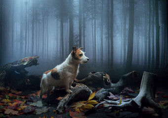 dog on a background of a foggy forest. Halloween, jack russell terrier, mystic, joke