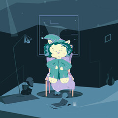 Little lion dressed with green sleepwear sleeping in chair in its room near big window with stars outside. The chamber of the lion cube that includes lamp, pot with flower nearby the cat, so on
