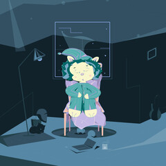Vector little lion dressed with green sleepwear sleeping in chair in its room near big window with stars outside. The chamber of the lion cube that includes lamp, pot with flower nearby the cat, so on