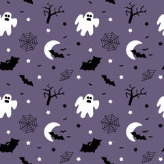 Seamless vector pattern with Halloween pumpkins, bat, ghost. For fabric, paper, wrap, textile, poster, scrapbooking, wallpaper or background, for web site or mobile app