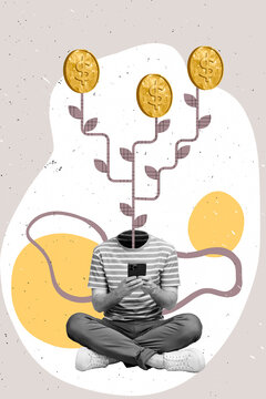 Creative photo collage of headless trader guy sit in meditation pose plant instead of head coins typing smartphone earn money online