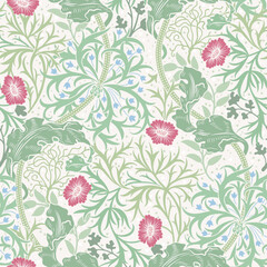 Floral seamless pattern with small red flowers and green foliage on light background. Pastel colors. Vector illustration. - 531708424