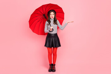Photo of worried stylish parisian lady hold parasol try stormy climate rain drops isolated pastel color background