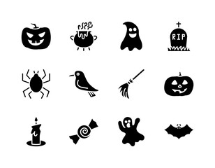 Halloween flat line icons set. Horror symbols - Pumpkin, Ghost, Bat, Grave, Candy. Simple flat vector illustration for web site or mobile app