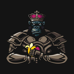 Illustration of King Kong wearing gold armor while carrying a banana.