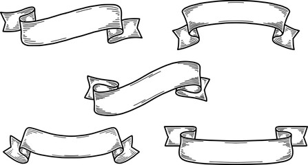 Vintage ribbons with antique flourishes. Vector set. Collection of elegant outline banners isolated on clean background. Various shapes
