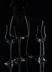 Empty different glasses on black background with grape above one glass