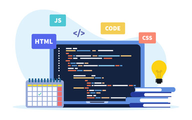 Web development and coding. programming languages. CSS, HTML, JS. program code on screen laptop. vector illustration.