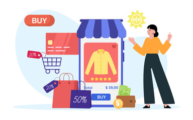 Online shopping app. The product catalog on the mobile browser page. Online shopping design concept with people and mobile.