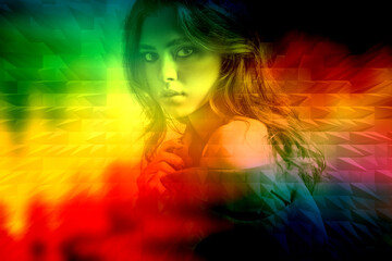 Obraz na płótnie Canvas Woman and metaverse, digital future concept, serious and smart futuristic girl on neon colorful background, confident look