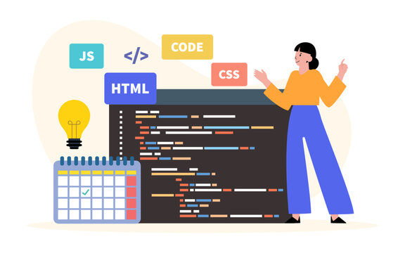 Programming with the programming language. CSS, HTML, JS. program code on screen laptop. vector illustration.