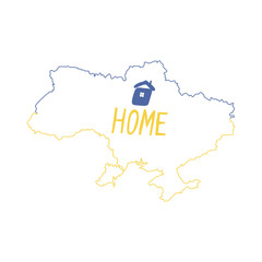 Ukraine is my home. Map of Ukraine with a house. Abstract patriotic Ukrainian flag with the symbol of the house. Vector illustration. Isolated on a white background.