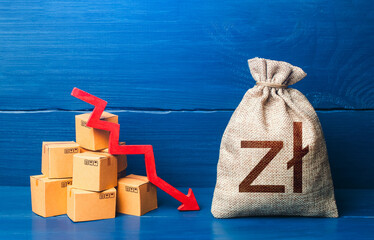 Polish zloty money bag with boxes and down arrow. Bad consumer sentiment and demand for goods. Income decrease, slowdown and decline of economy. Production decline. Reduced transportation prices.
