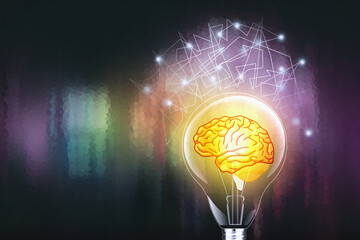 glowing lightbulb with drawing brain and connection line, creative thinking ideas and innovation concept. on a colorful bright blurred background