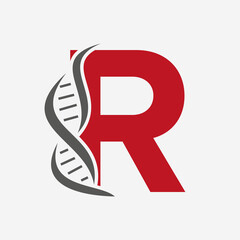 Initial DNA Logo On Letter R Vector Template For Healthcare Sign