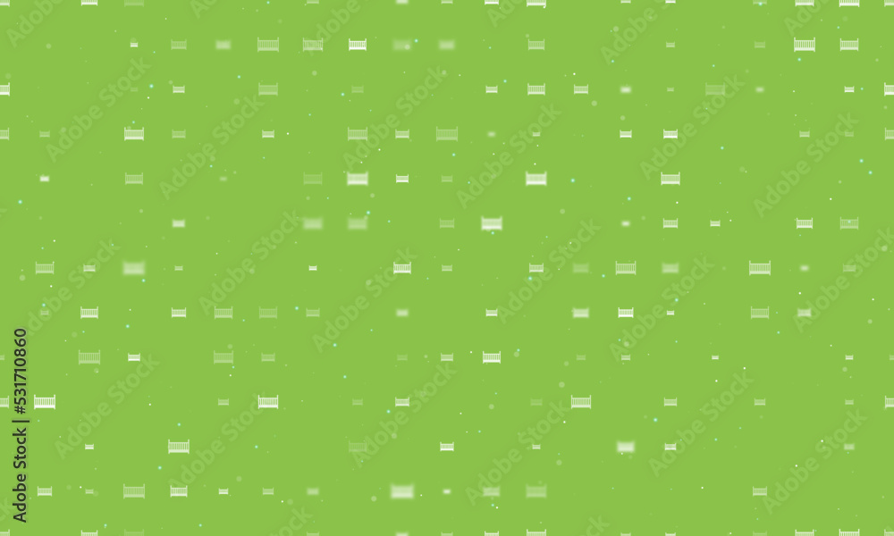 Poster seamless background pattern of evenly spaced white baby cot symbols of different sizes and opacity. 