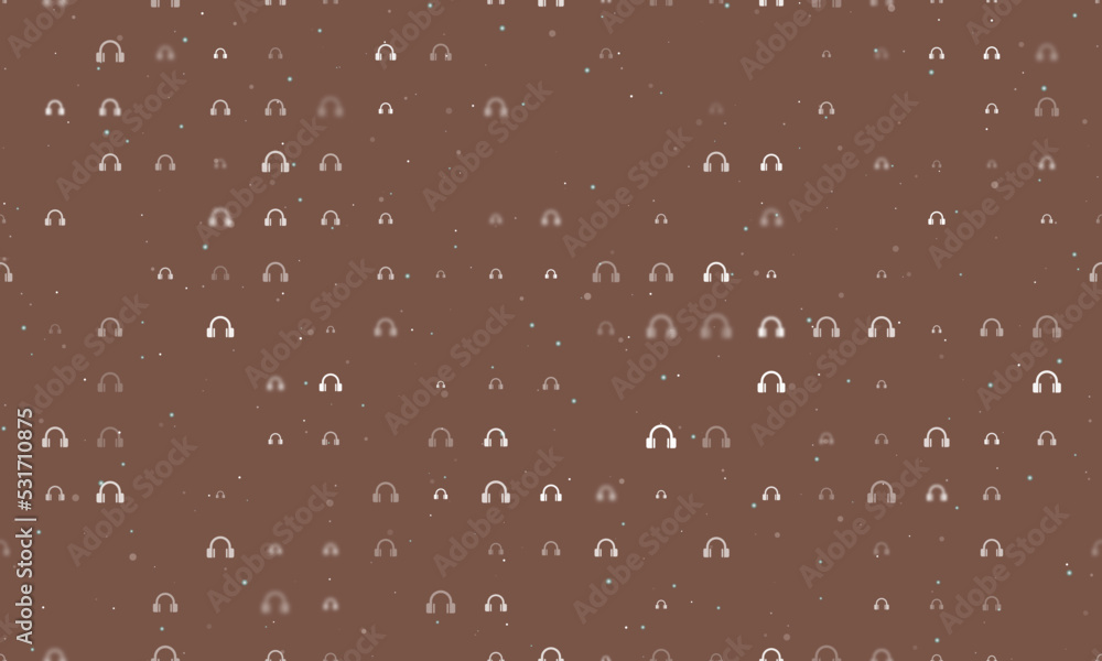 Poster seamless background pattern of evenly spaced white headphones symbols of different sizes and opacity