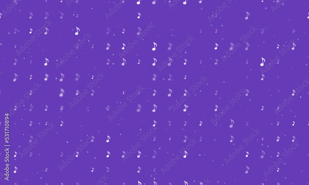 Poster seamless background pattern of evenly spaced white musical note symbols of different sizes and opaci