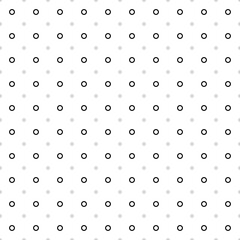 Square seamless background pattern from black circle symbols are different sizes and opacity. The pattern is evenly filled. Vector illustration on white background