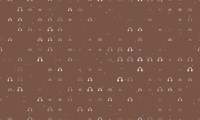 Seamless background pattern of evenly spaced white headphones symbols of different sizes and opacity. Vector illustration on brown background with stars