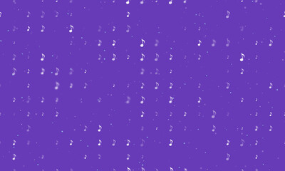 Seamless background pattern of evenly spaced white musical note symbols of different sizes and opacity. Vector illustration on deep purple background with stars