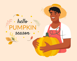 Hello pumpkin season. Autumn flat vector illustration with lettering and african american Farmer with Pumpkin, leaves. Fall season. October harvest background. Organic vegetable garden food.