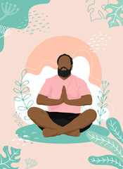 Faceless Meditating male. Vector illustration of Faceless man sitting in Yoga Lotus position surrounded by Plant leaves. Harmony and peace concept.