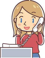 固定電話で話す外国人女性（金髪・欧米人風）