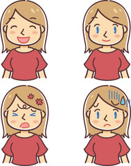 「女性の喜怒哀楽」欧米の外国人女性の4つの表情の上半身のデフォルメイラスト