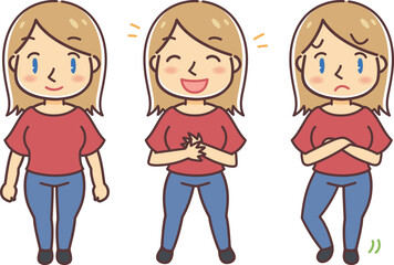 「女性の喜怒哀楽」外国人女性の3つの表情とポーズの上半身のイラスト