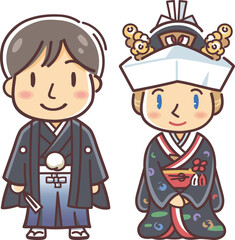 Fototapeta premium 国際結婚のカップルのイラスト（和装結婚式・角隠し・色打掛と袴）