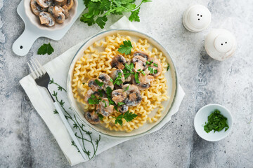 Fusilli pasta with mushrooms, cheese and garlic creamy sauce on plate on on grey stone or concrete table background. Top view. Traditional Italian cuisine.